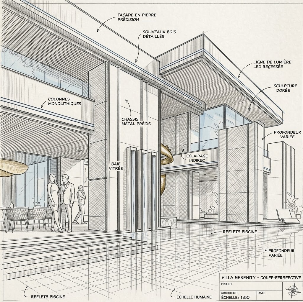 Dessin annoté des volumes, des matériaux et des ouvertures de la villa