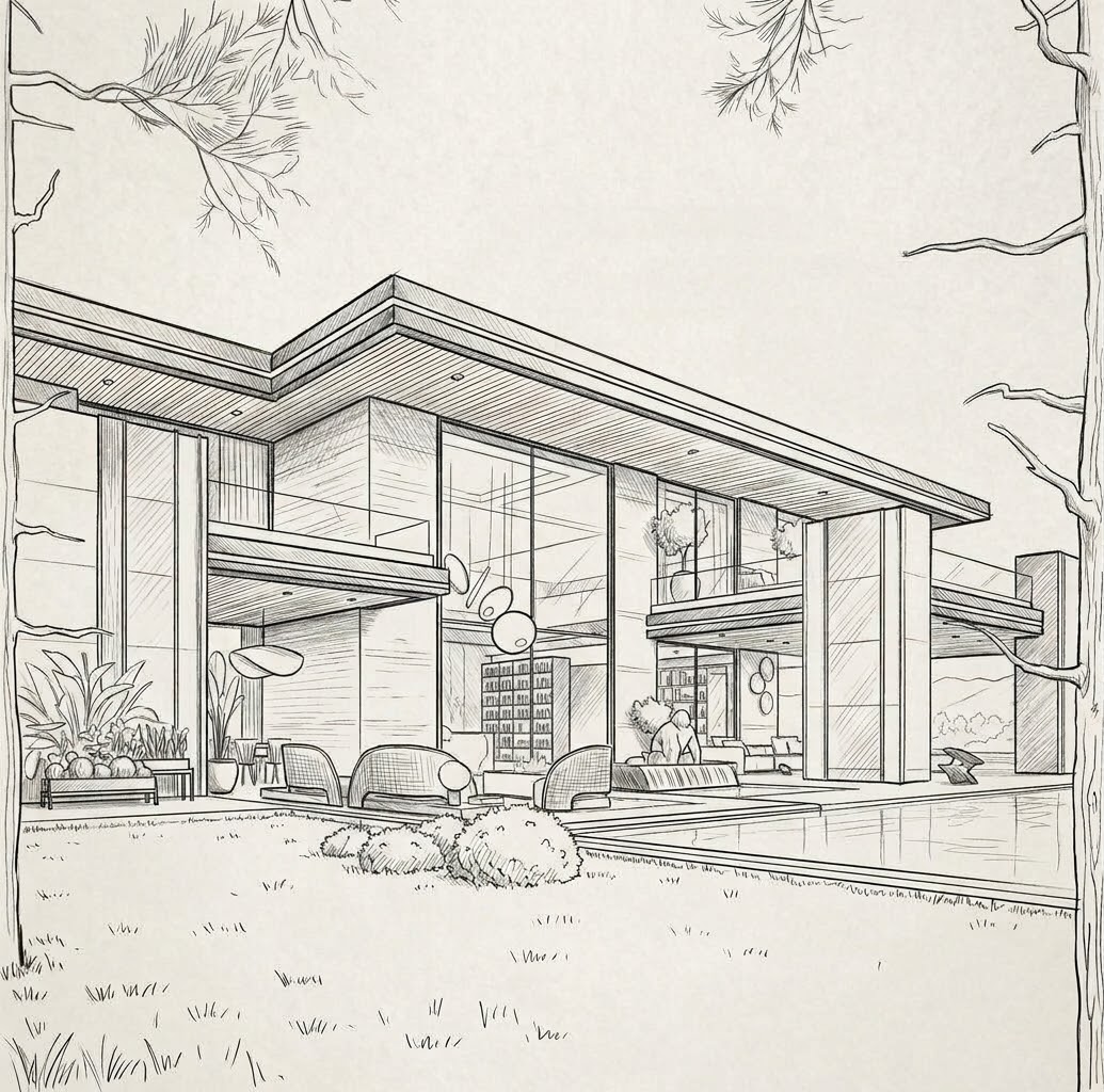 Esquisse de la villa ouverte sur son jardin