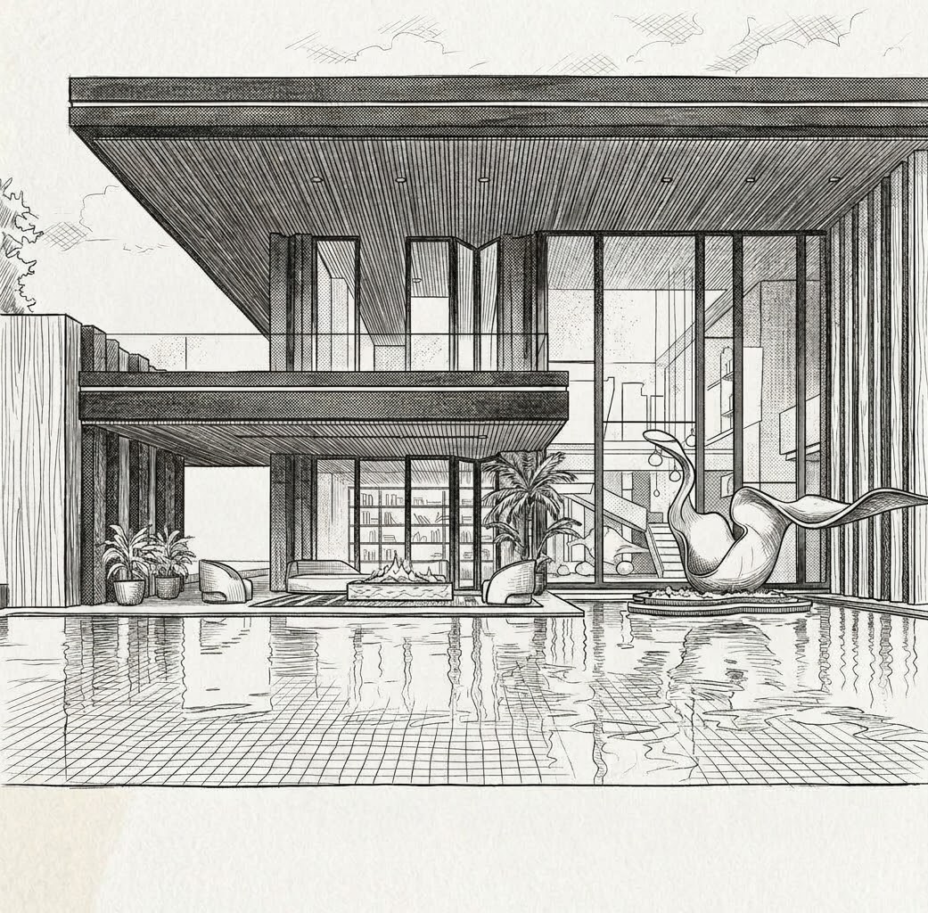 Étude dessinée de la façade et de son reflet dans le bassin