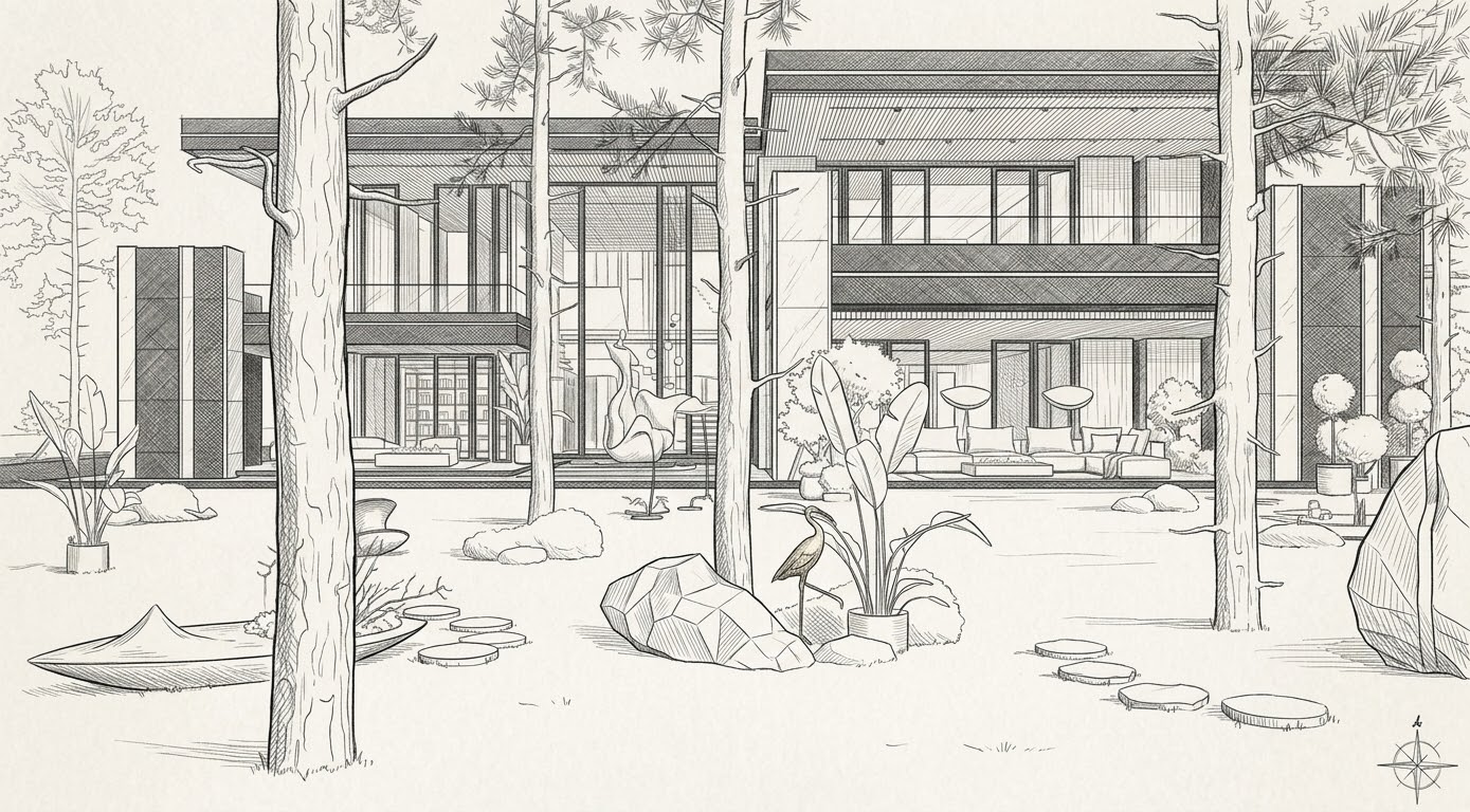 Dessin de la villa et des compositions sculpturales du jardin