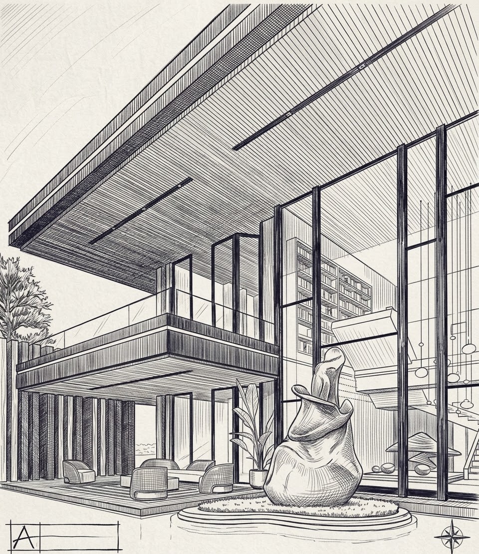 Perspective dessinée des baies et des débords de toiture