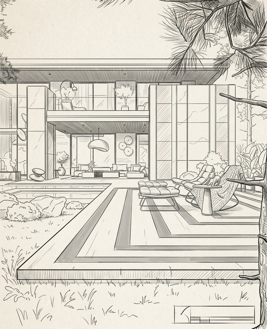 Perspective dessinée du bassin et des espaces extérieurs