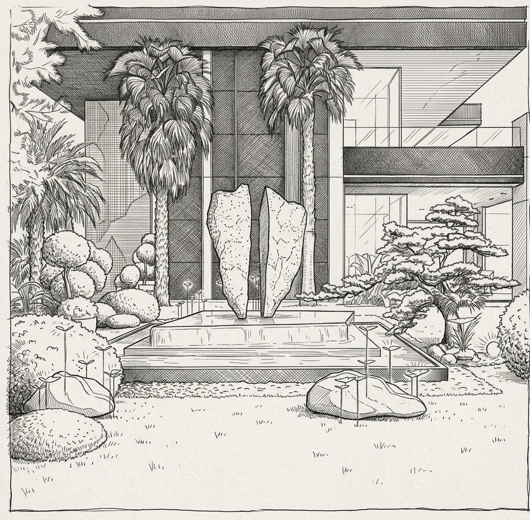 Étude dessinée du jardin, de la fontaine et de la façade