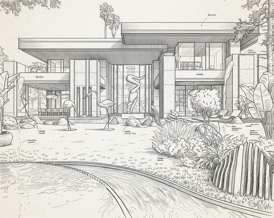 Dessin architectural de la villa, de sa façade et de son jardin