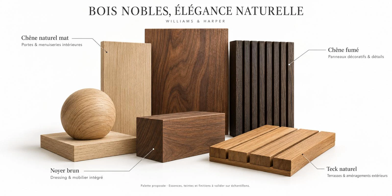 Bois nobles, élégance naturelle : chêne naturel mat, chêne fumé, noyer brun, teck naturel · Williams & Harper