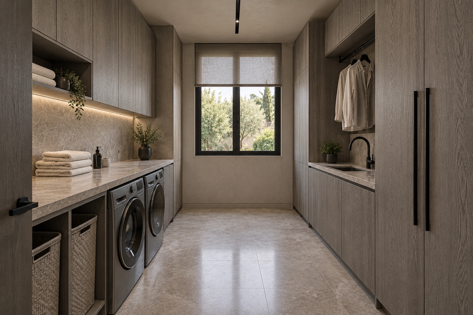 Proposition de buanderie Céline en bois gris mat et pierre grège, avec lave-linge, sèche-linge, évier et rangements