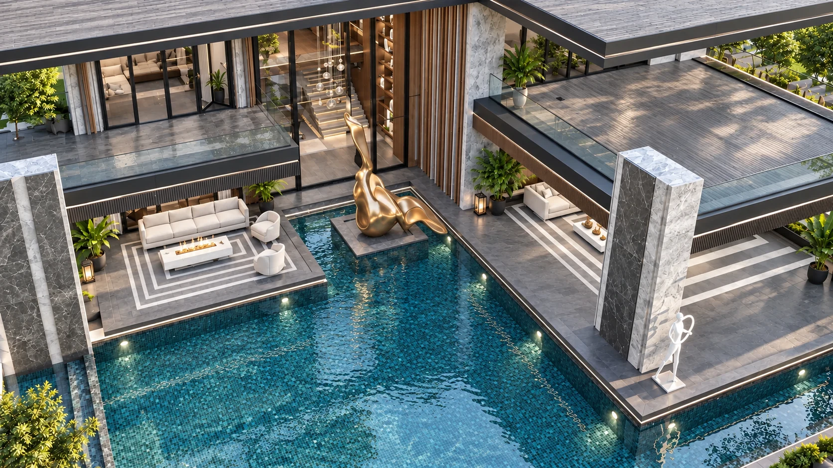 Villa Céline — Vue en hauteur · Bassin & terrasses