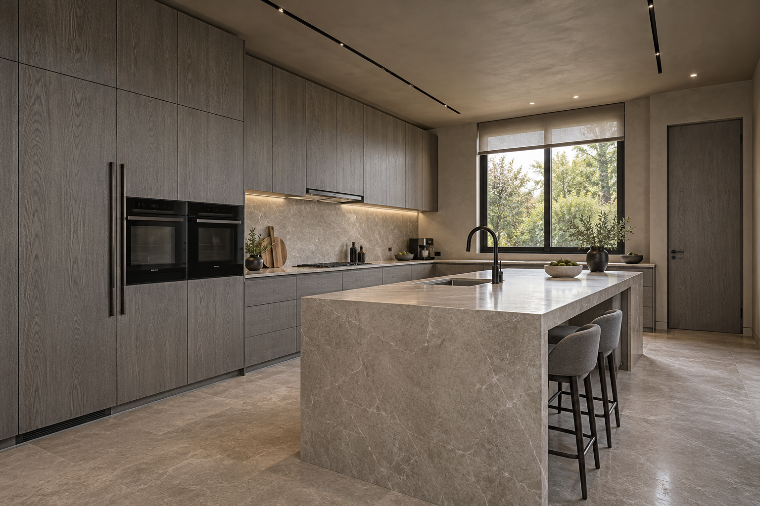 Proposition de grande cuisine fermée Céline : façades en bois gris mat, îlot en pierre claire, rangements toute hauteur et électroménager intégré