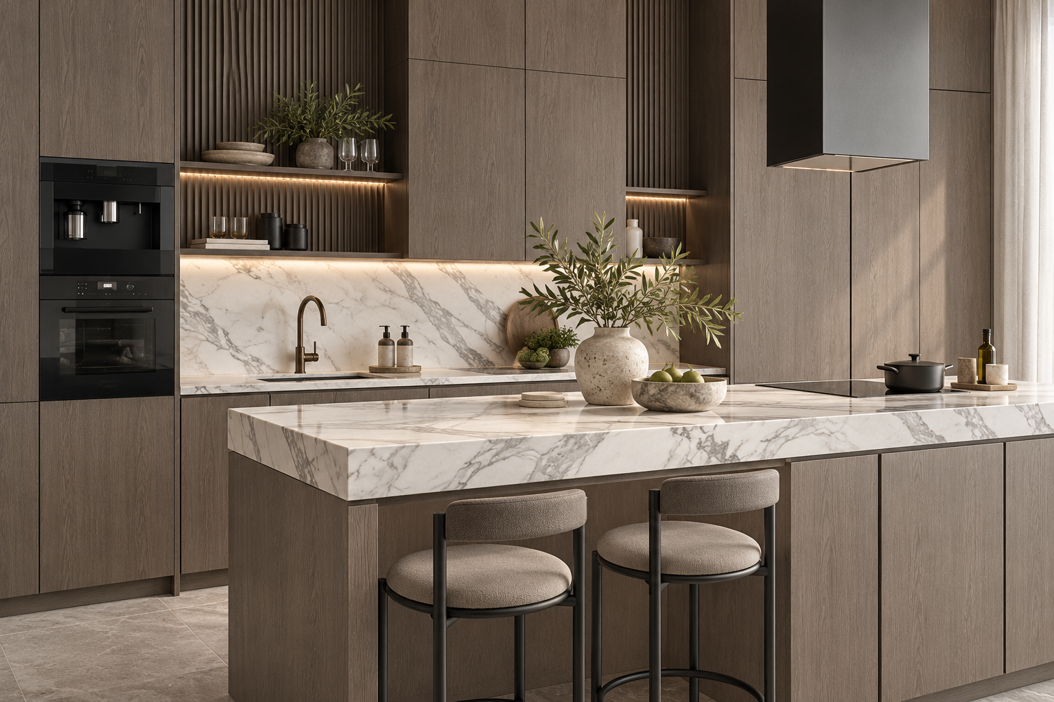 Proposition de kitchenette pour la Villa Celine — Bois grisé & pierre blanche veinée