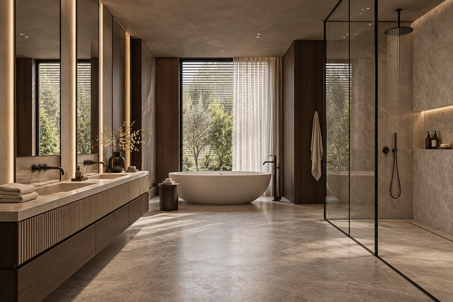Proposition de salle de bains parentale Céline : double vasque en pierre claire, meuble en bois sombre, baignoire îlot et douche vitrée avec robinetterie noire