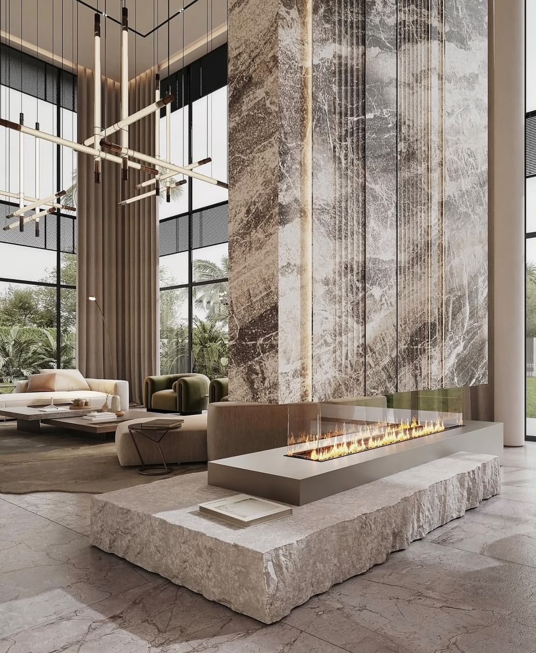 Villa Céline — Salon · Cheminée & pierre veinée