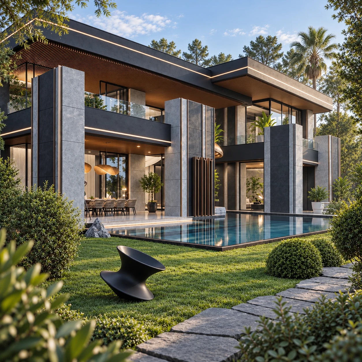 Villa Chloé : lignes contemporaines, parements minéraux et grandes baies ouvertes sur le jardin