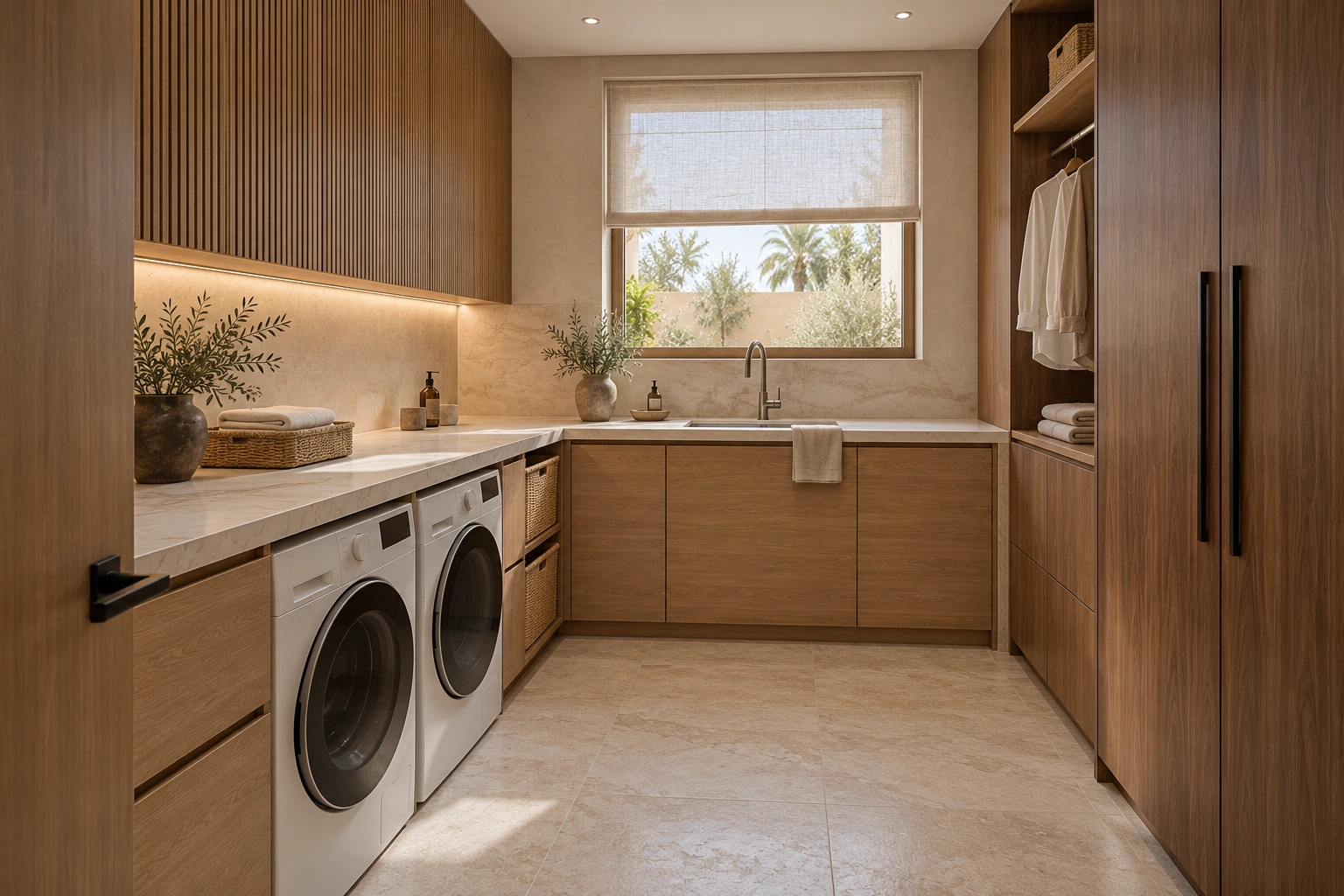 Proposition de buanderie Chloé en bois naturel et pierre claire, avec lave-linge, sèche-linge, évier et rangements
