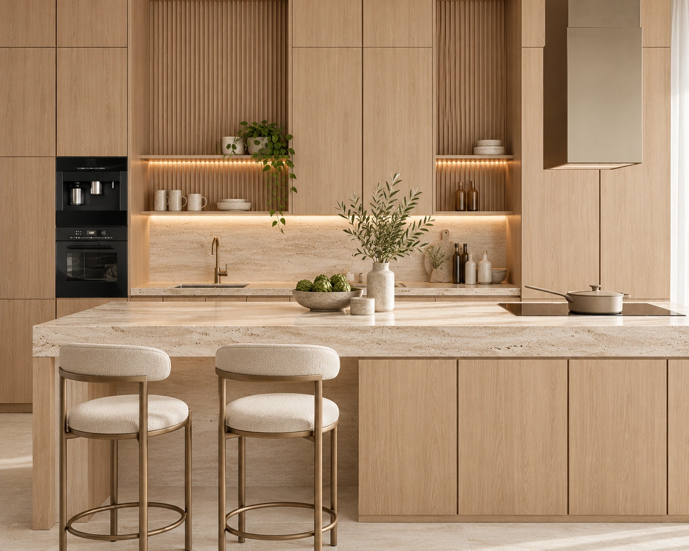 Proposition de kitchenette pour la Villa Chloe — Chêne clair & travertin