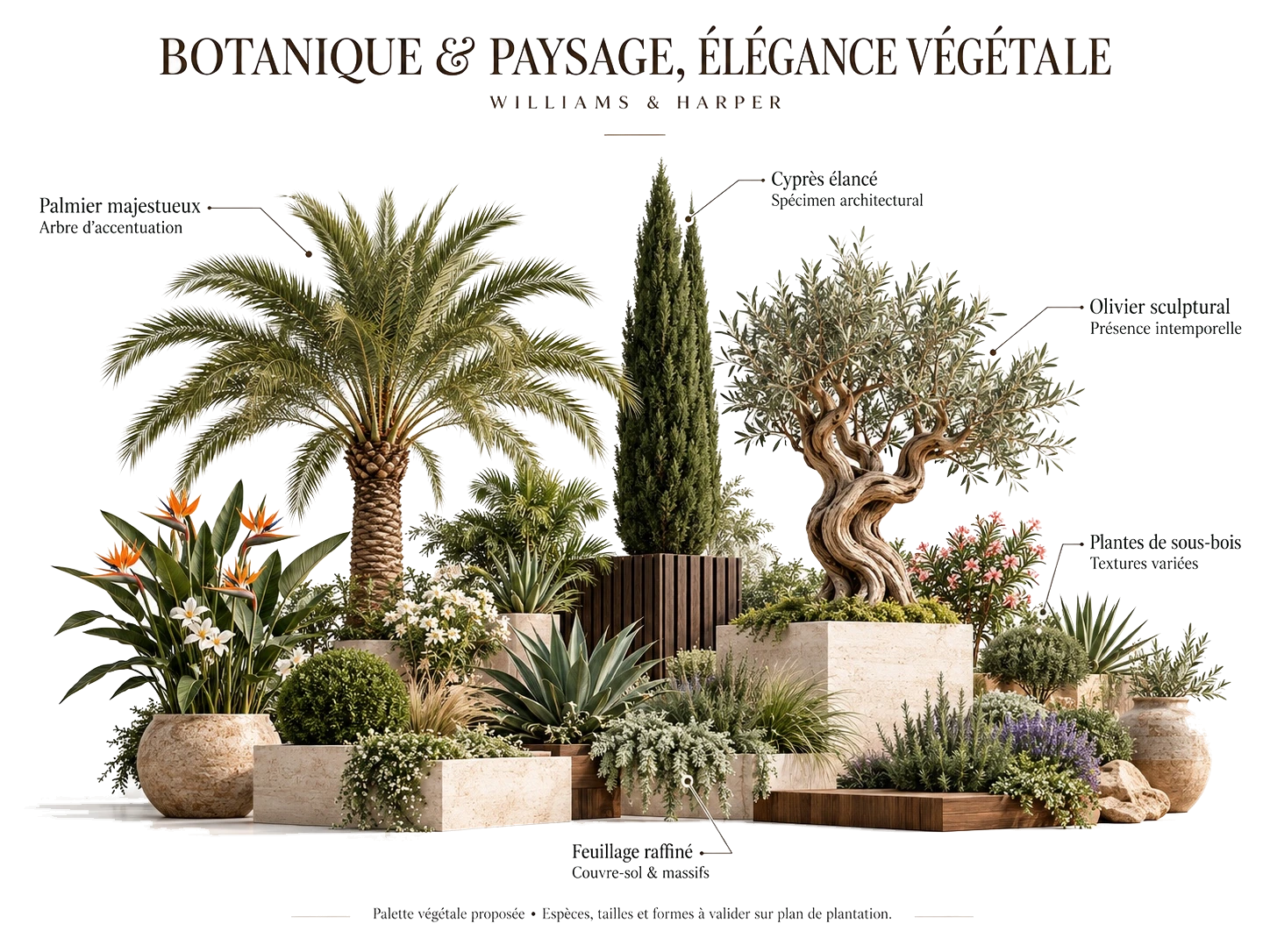 Paleta botánica: majestuosas palmeras como árboles de acento; esbeltos cipreses para la estructura arquitectónica; olivos escultóricos; plantaciones en capas, follajes refinados y plantas tapizantes. Las especies, tamaños y formas propuestos están sujetos al plan de plantación.