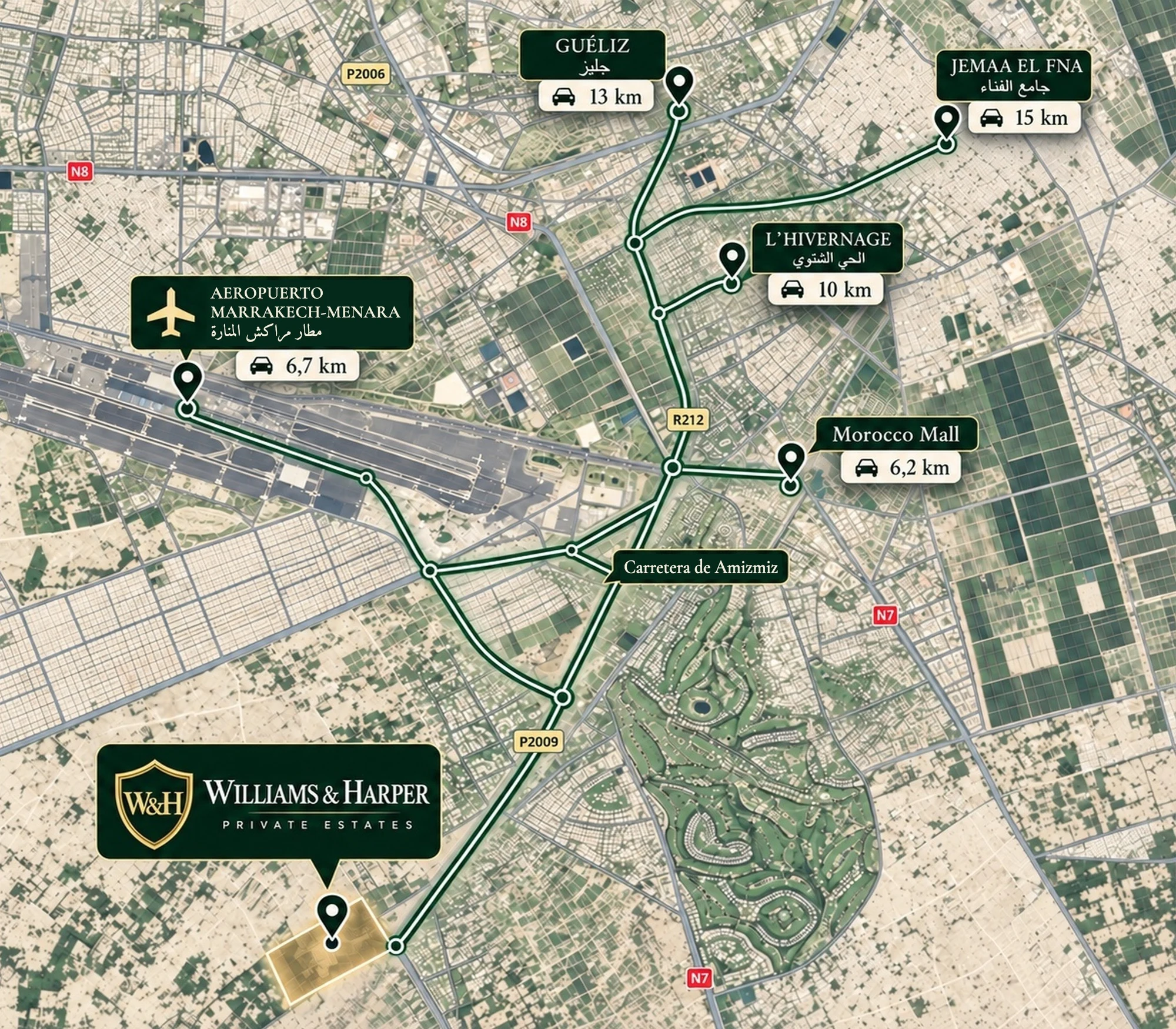 Mapa de localización de Domaine Red Stone, Carretera de Amizmiz, km 7, Marrakech, con el marcador de Williams & Harper