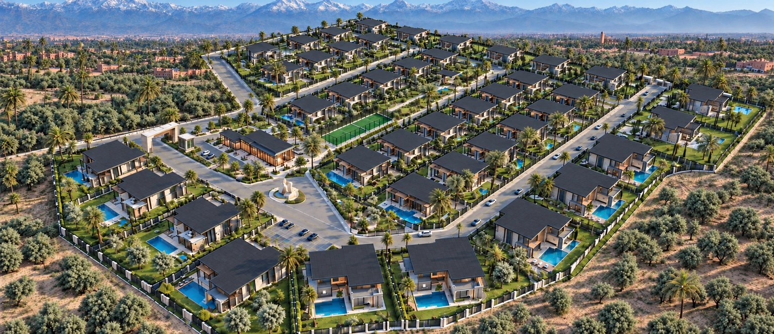 Vue aérienne d’ensemble du Domaine Red Stone, avec les villas, les voies et les espaces paysagers.