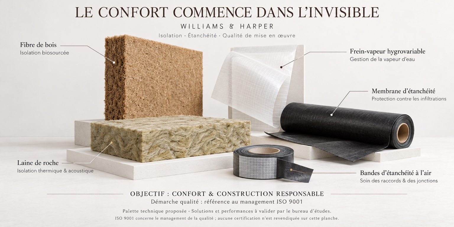Solutions proposées : fibre de bois, laine de roche, frein-vapeur, membrane et bandes d’étanchéité
