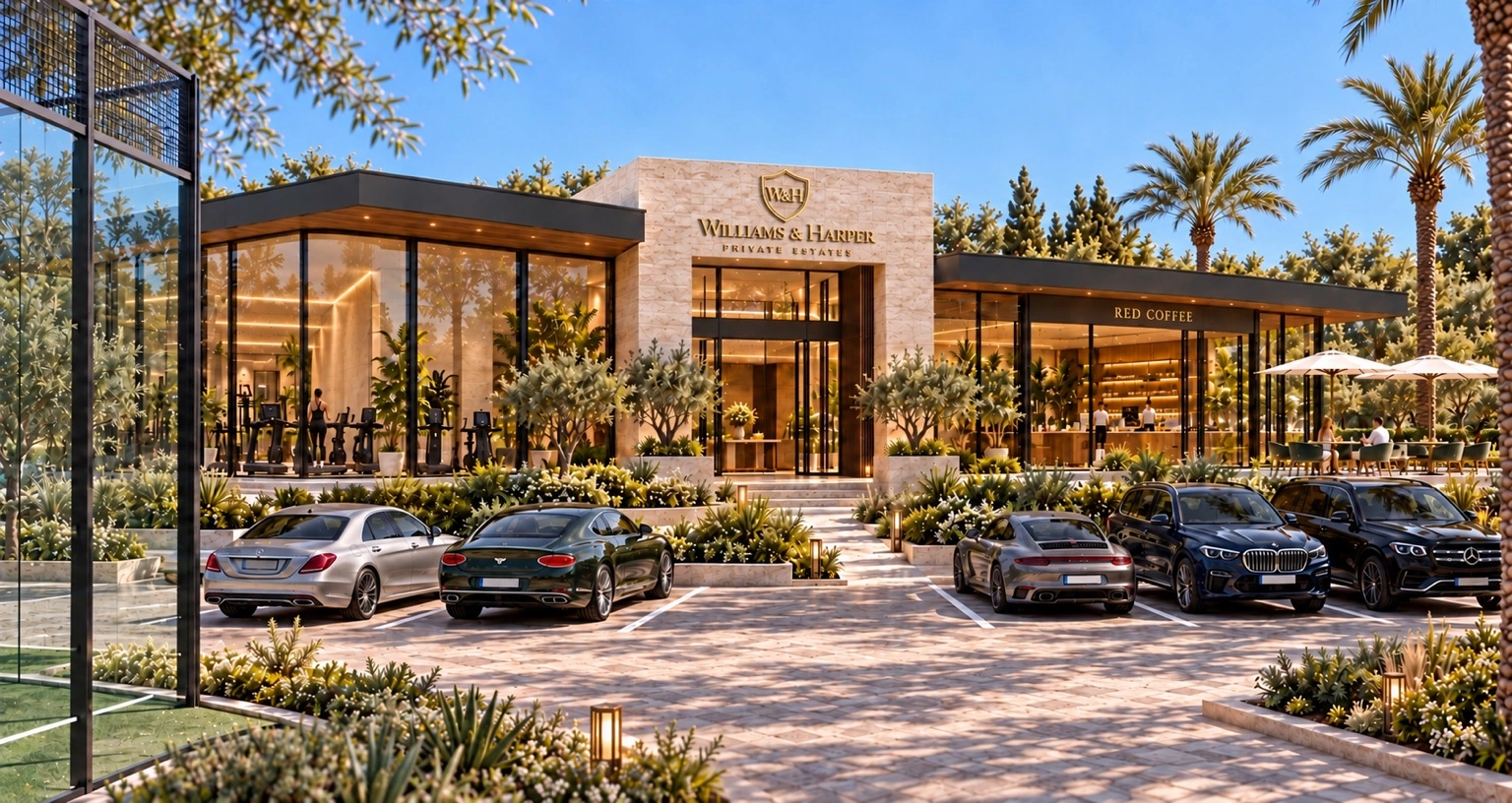 Rear façade · Landscaped parking facing the padel courts