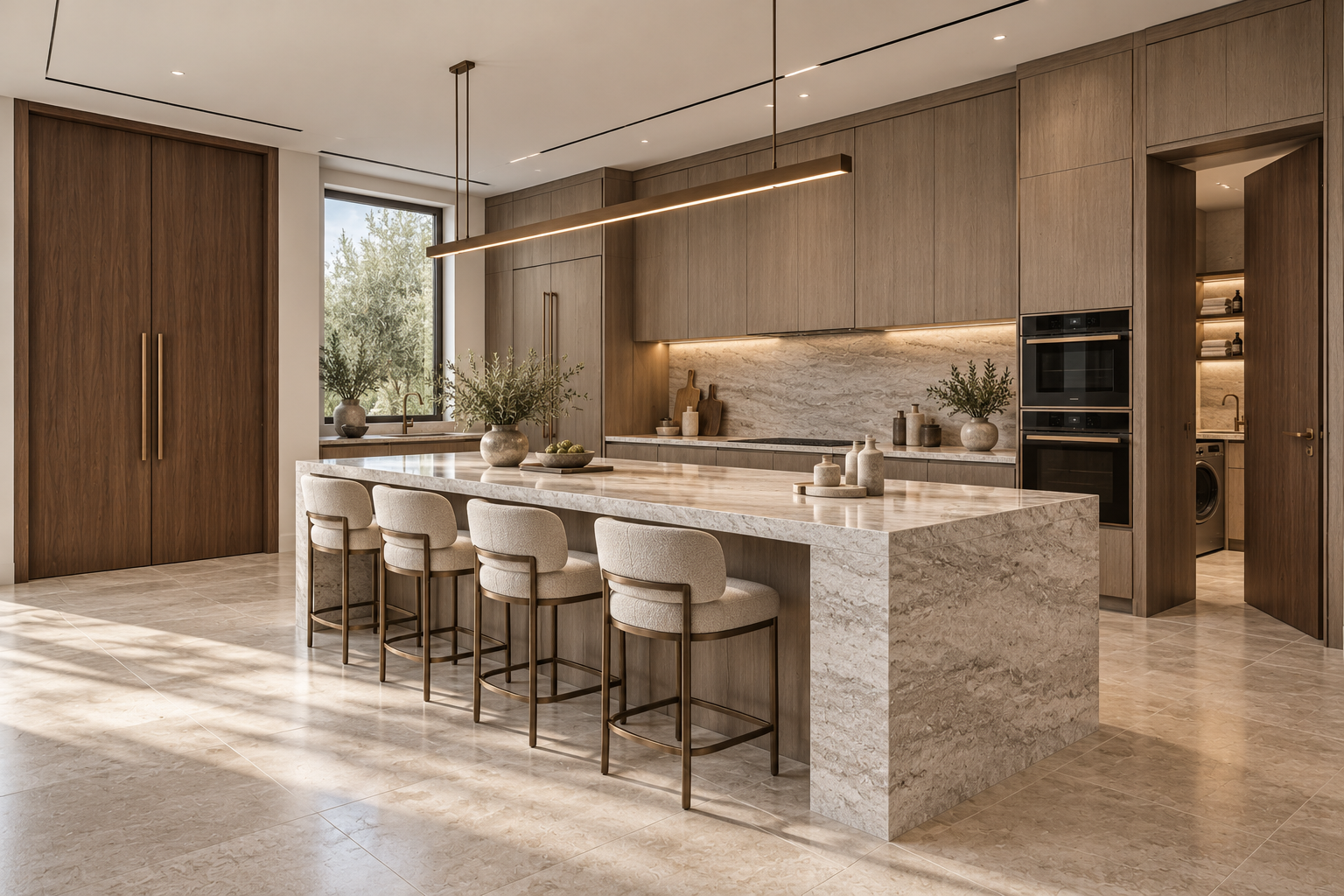 Villa Margaux — XXL afgesloten keuken · Notenhouten deur & stenen eiland