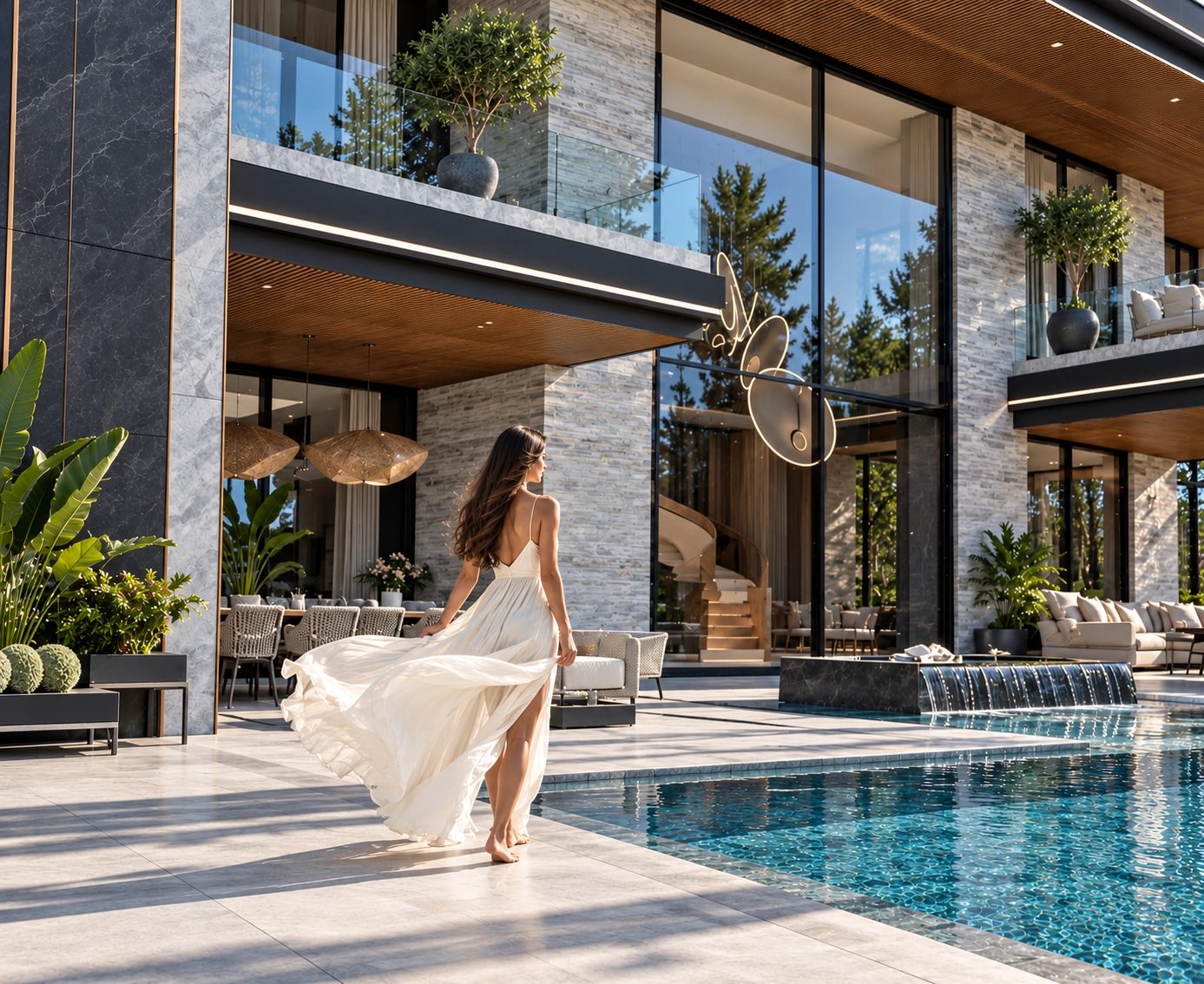 Een vrouw in een ivoorkleurige jurk wandelt over het terras bij het zwembad van Villa Margaux