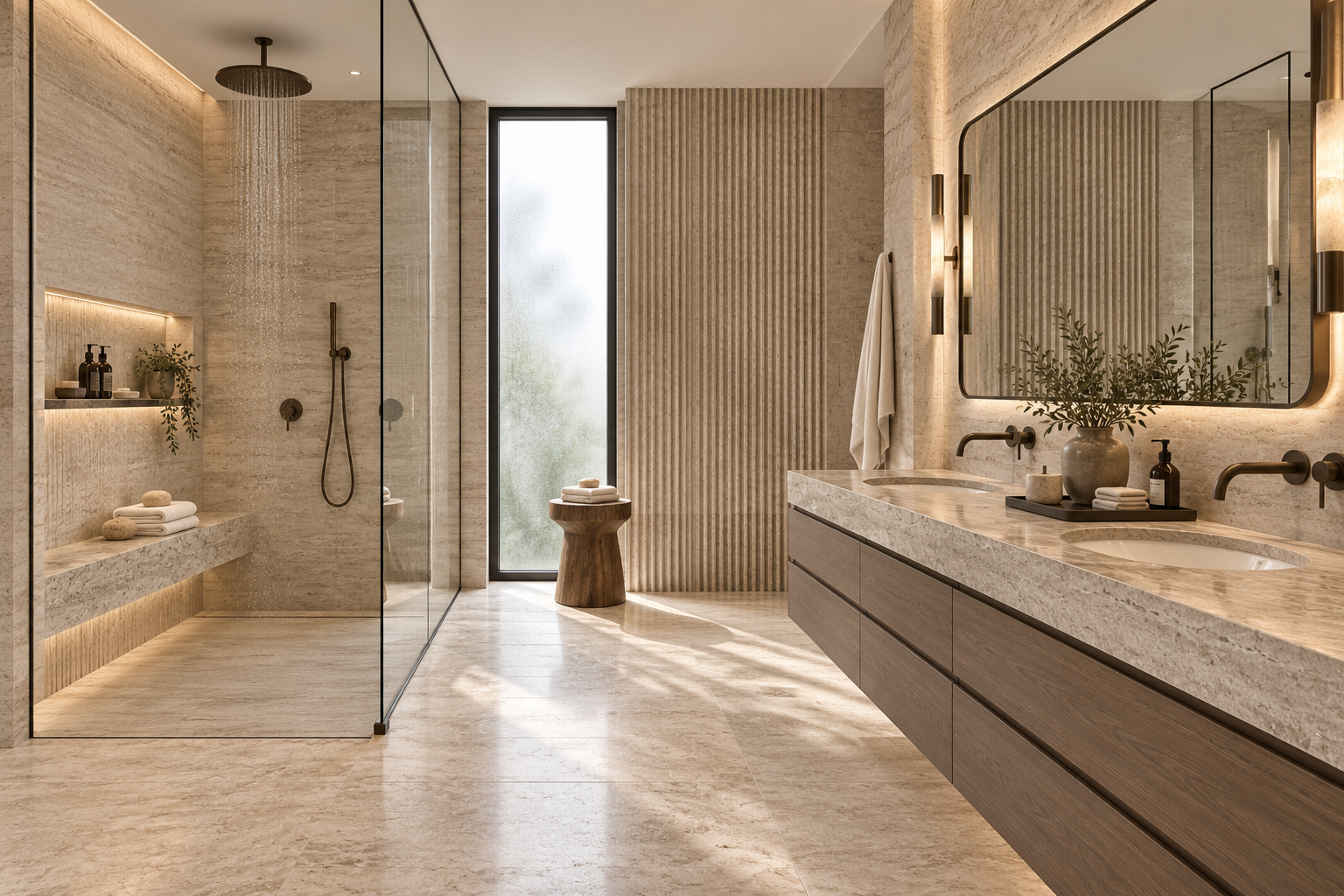 Villa Margaux — XL badkamer · Vergrijsd eiken & travertin