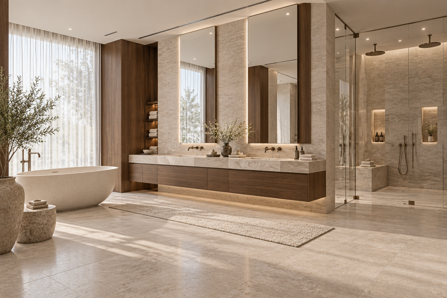 Villa Margaux — XXL badkamer · Notenhout, lichte steen & brons