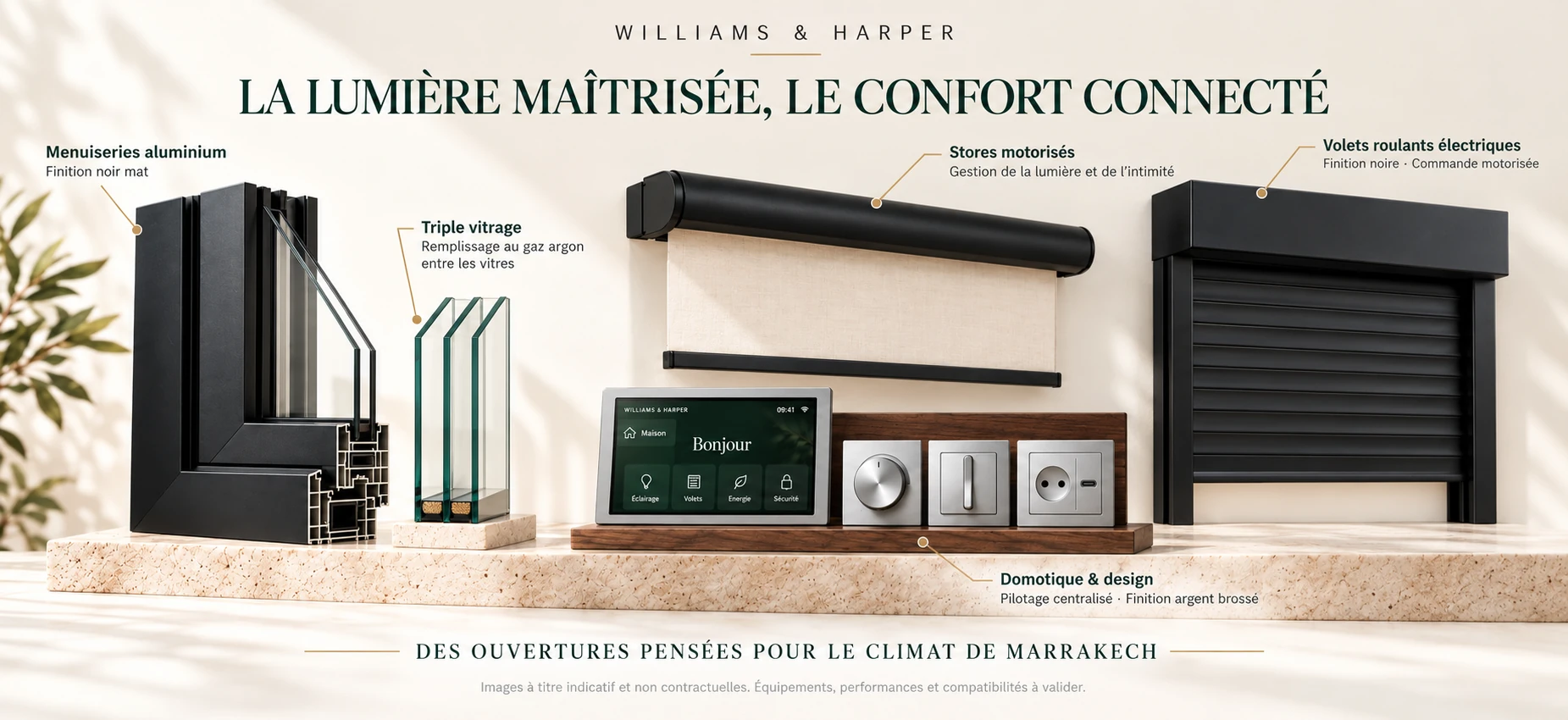 Sélection proposée : menuiseries aluminium noir mat, triple vitrage au gaz argon, stores motorisés et domotique en finition argent brossé