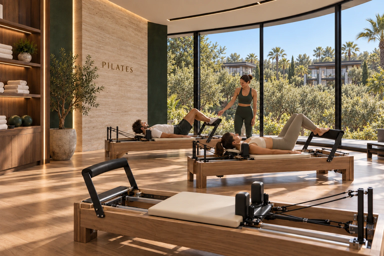Séance de Pilates sur Reformer dans une salle aux finitions bois, travertin et vert forêt, avec les villas visibles au loin