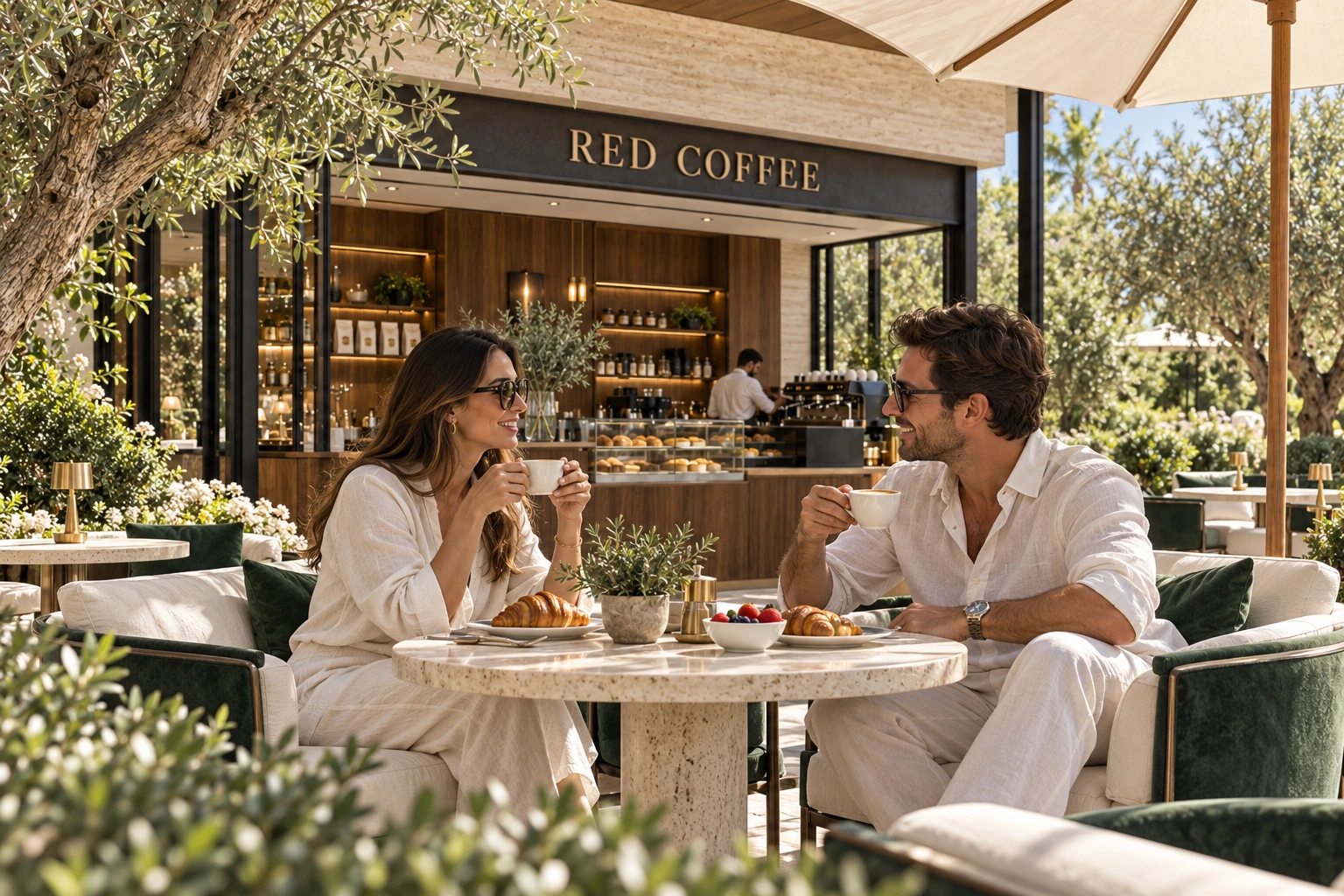 Un couple prend son petit-déjeuner sur la terrasse du Red Coffee